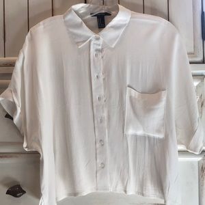 White Cropped Short Sleeve Button Down